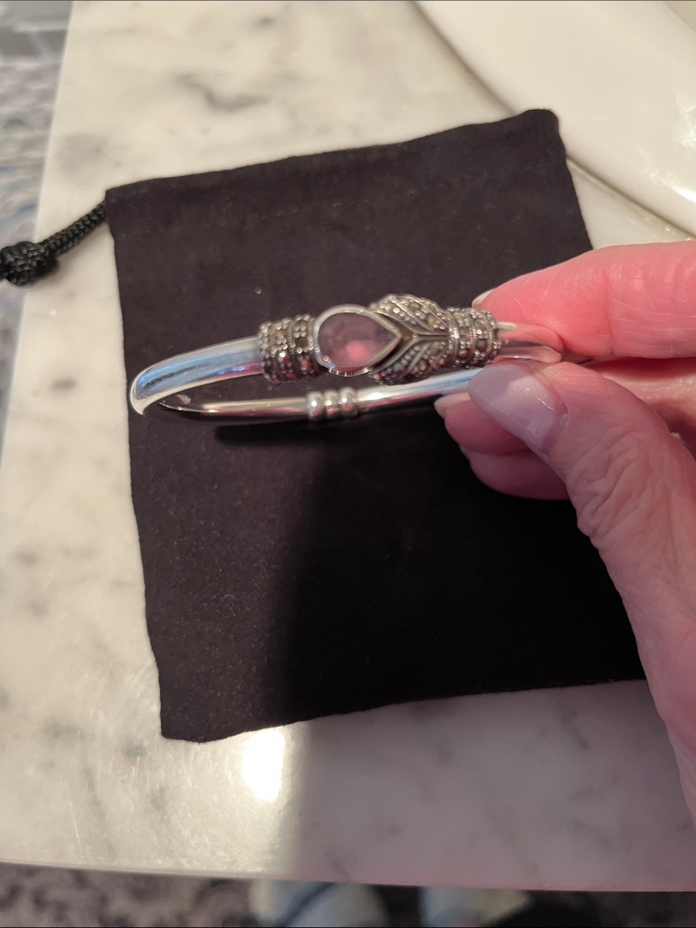 Sterling Silver Pink Stone Hinged Bangle Bracelet